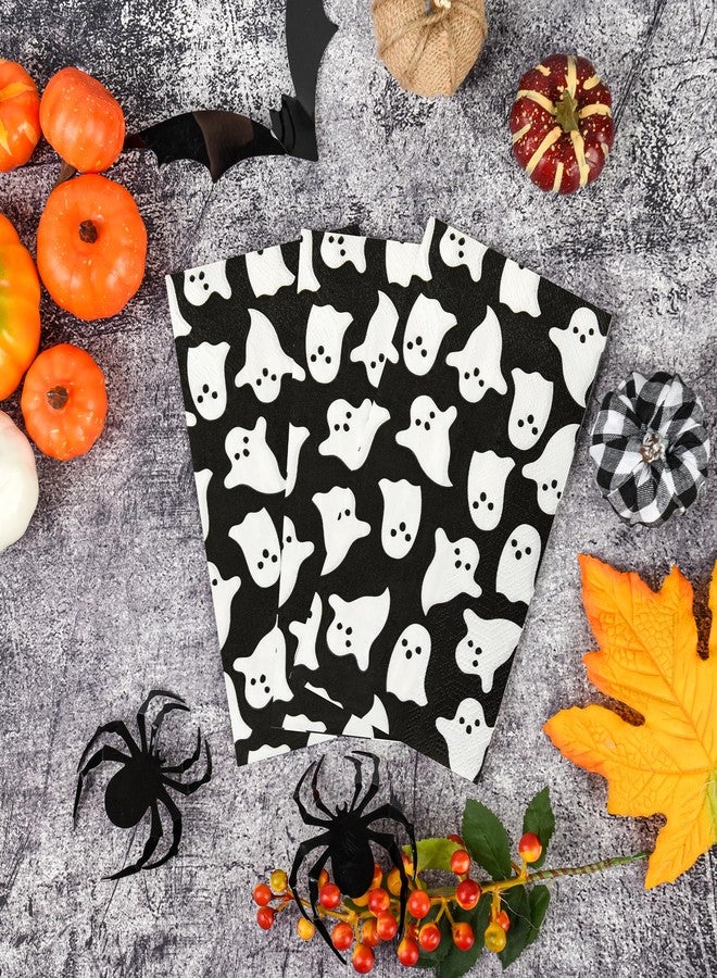 AimFun 100 Halloween Guest Napkins Ghost Disposable Paper Hand Towels Black White Spooky Boo Decorative Dinner Napkin for Birthday Halloween Party Supplies Kitchen Table Decorations - Image 5